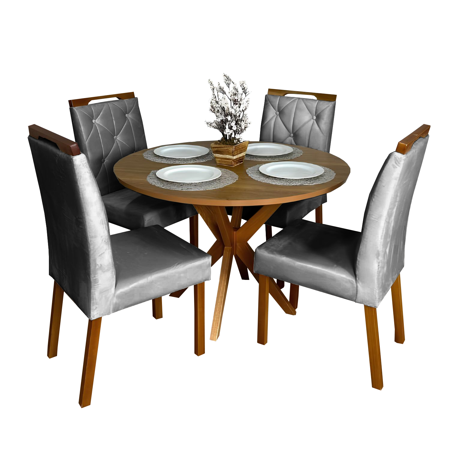 Mesa Redonda Simpatia 108 Cinamono com 4 Cadeiras Yasmim Veludo Cinza Grafite – JCM MOVELARIA + KM DECOR - Imagem 2