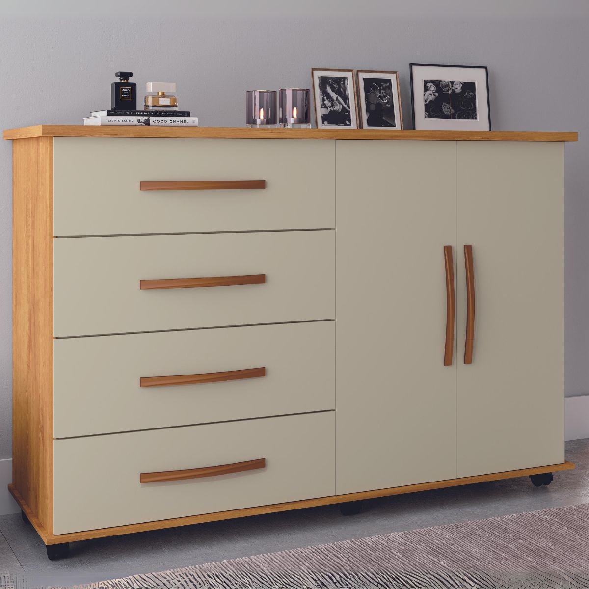 Cômoda 4 Gavetas com Sapateira Dupla Bali Mel/Pérola - MÓVEIS PRIMUS