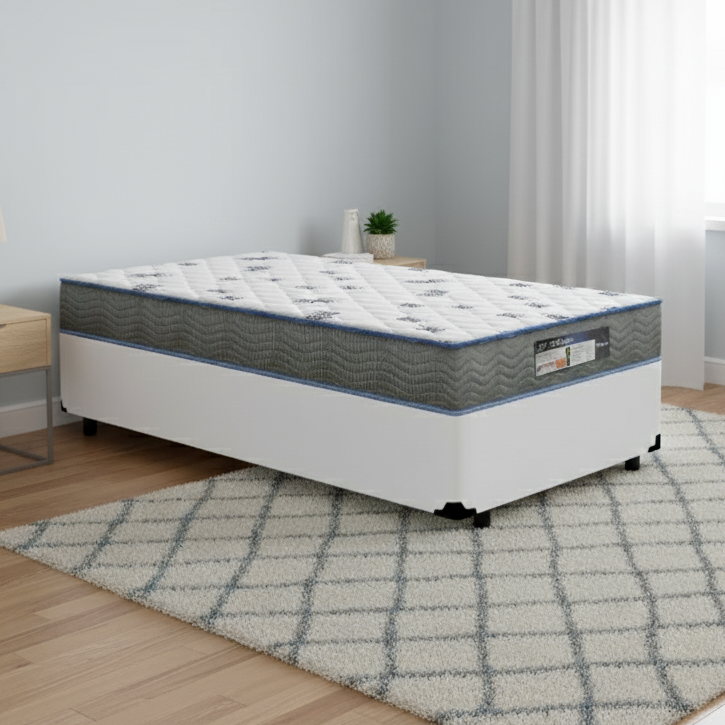 Colchão Solteiro Light D33 + Base Box Simples Corino Branco – ORTOBOM + BIOSTAR