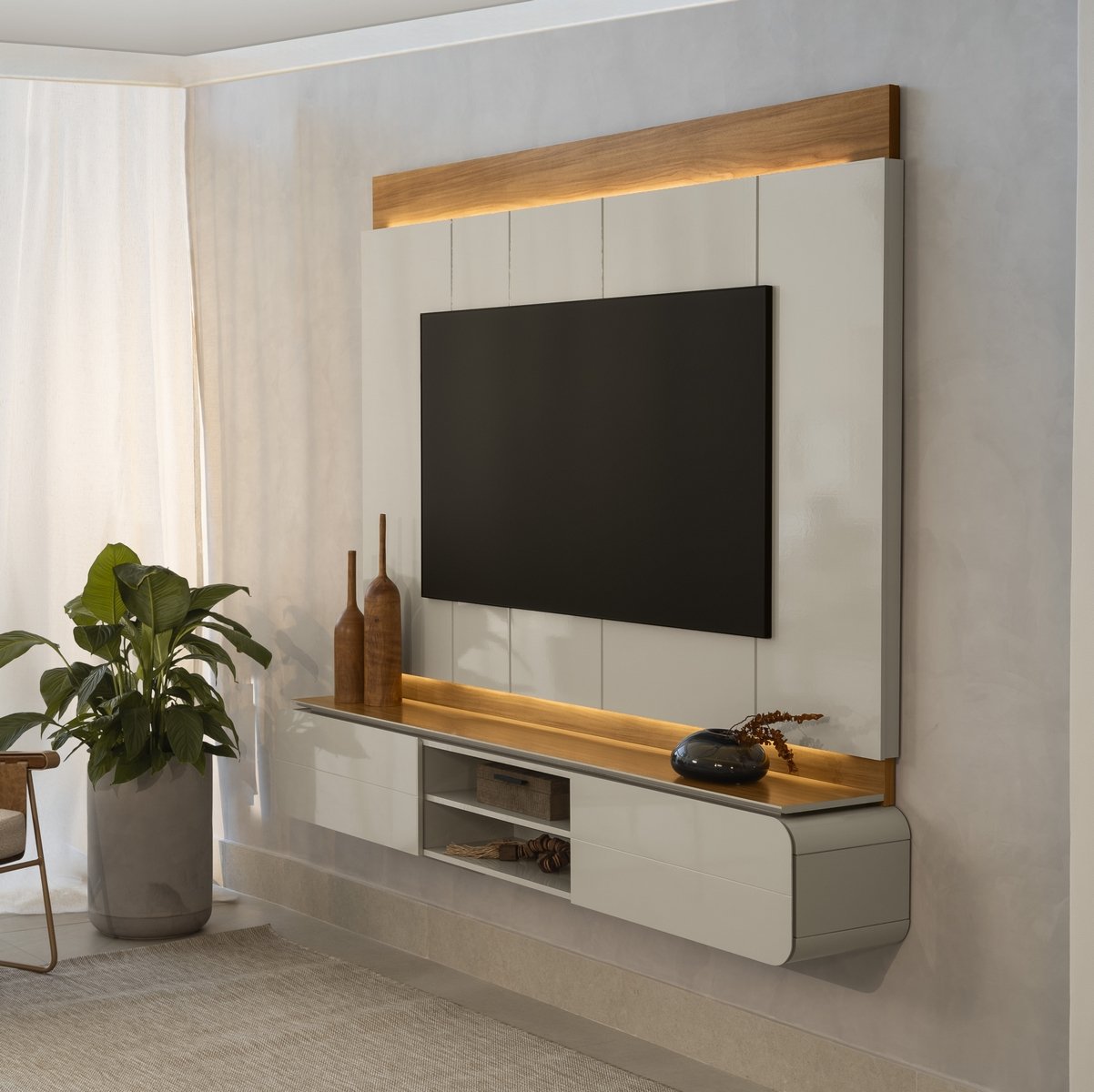 Painel Home até 75" Zurique Tauari/Off White Brilho - LINEA BRASIL - Imagem 2