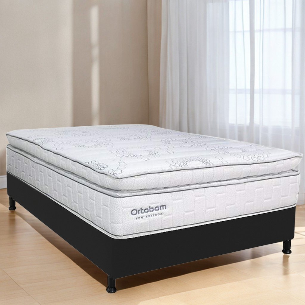 Colchão Casal New Freedom + Base Box Simples Corino Preto – ORTOBOM + BIOSTAR