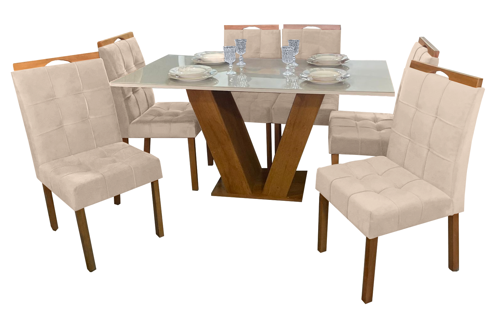 Mesa Classic 160 Cinamomo/Off White com 6 Cadeiras Sophia Mel/Veludo Bege – CEL MÓVEIS + WM DECOR - Imagem 3