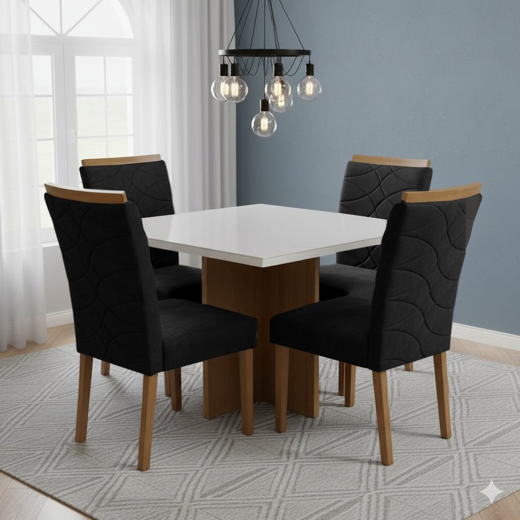 Mesa Salinas/Helô/Los Angeles 120 Cinamomo/Off White com 4 Cadeiras Safira Veludo Preto – CEL MÓVEIS + WM DECOR