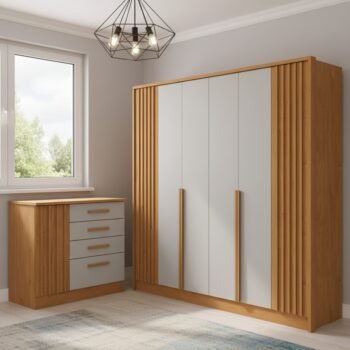 Guarda-Roupa 6 Portas + Cômoda Guarani/Chade Ripado Cinamono/Off White - TCIL