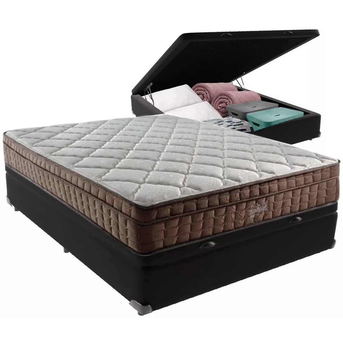 Colchão Casal Star One D28/AG D70 + Base Box Baú Corino Preto – ANJOS COLCHÕES + ALTO NÍVEL CAMAS E COLCHÕES
