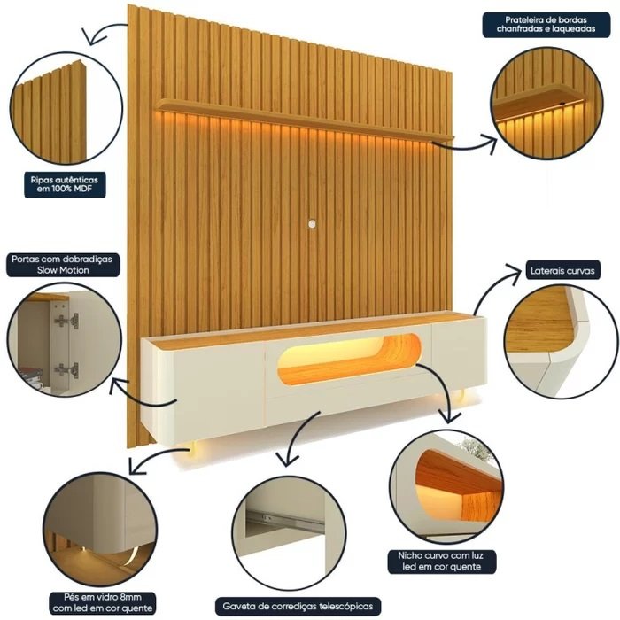 Painel até 85" Nobre 230 Naturale + Rack Nobre 210 (Pés de Vidro) Off White/Naturale - GELIUS - Imagem 3