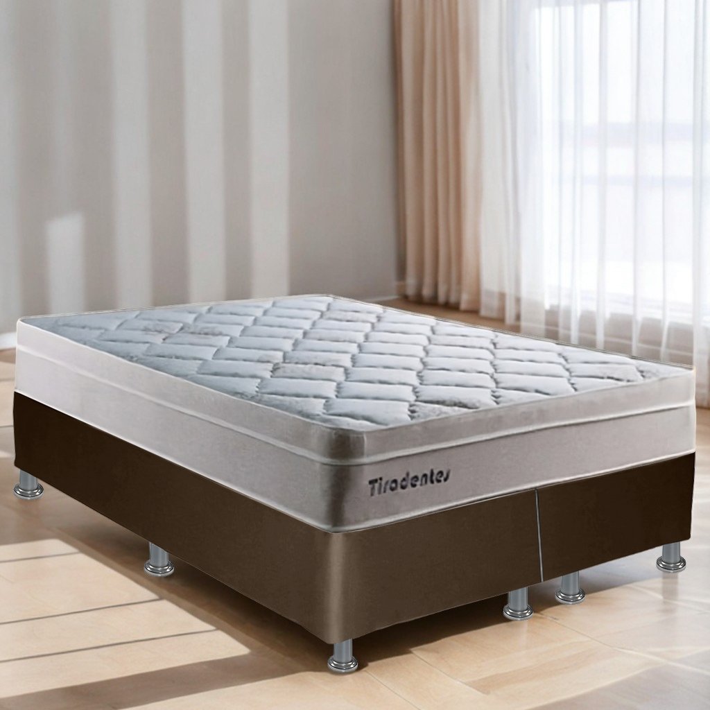 Colchão Queen Tiradentes D28 + Base Box Simples Corino Marrom – COLCHOMINAS + ALTO NÍVEL CAMAS E COLCHÕES