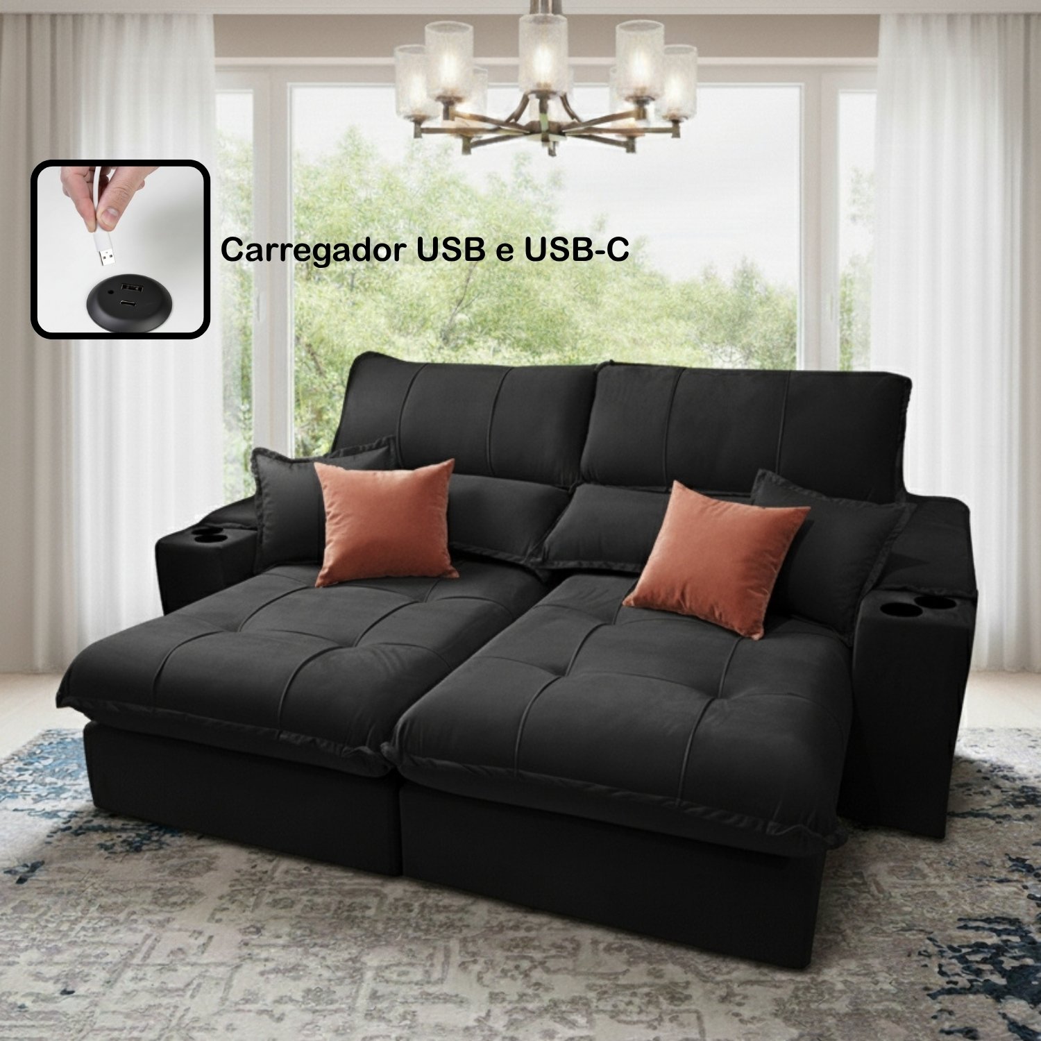Sofá Retrátil e Reclinável Afrodite Slim 2,50 m Veludo Preto 111 – ZARAT ESTOFADOS