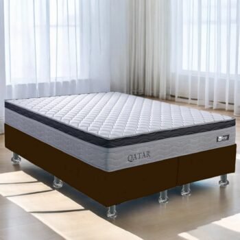 Colchão Queen Qatar D28 + Base Box Simples Corino Marrom – DESIGN COLCHÕES + BIOSTAR