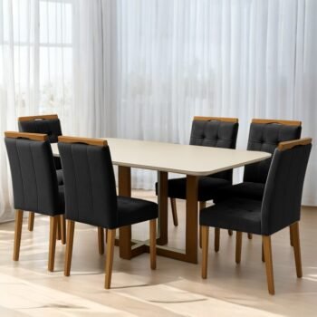 Mesa Atlas Mel/Off White Canto Copo 160×80 com 6 Cadeiras Sophia Veludo Preto – ART ASSENTOS + WM DECOR