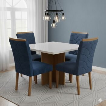 Mesa Salinas/Helô/Los Angeles 90 Cinamomo/Off White com 4 Cadeiras Safira Veludo Azul – CEL MÓVEIS + WM DECOR