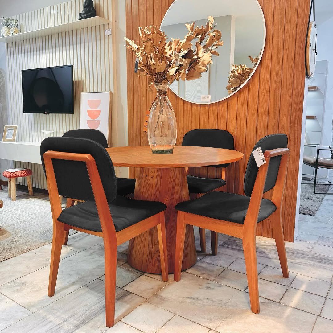 Mesa Redonda Malva 110 Mel com 4 Cadeiras Gaya Mel/Linho Preto 09 - J SILVA MÓVEIS