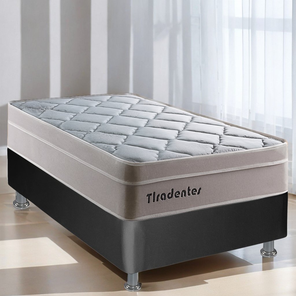 Colchão Solteiro Tiradentes D28 + Base Box Simples Corino Preto – COLCHOMINAS + ALTO NÍVEL CAMAS E COLCHÕES