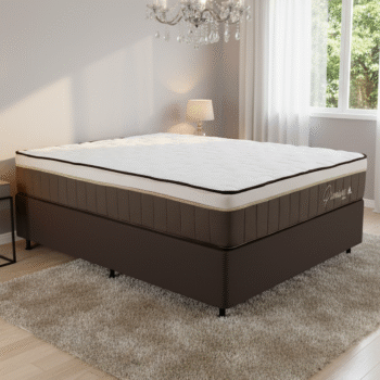 Colchão Casal Rondopremium Plus D33 + Base Box Simples Corino Marrom – RONDOMÓVEIS + ALTO NÍVEL CAMAS E COLCHÕES