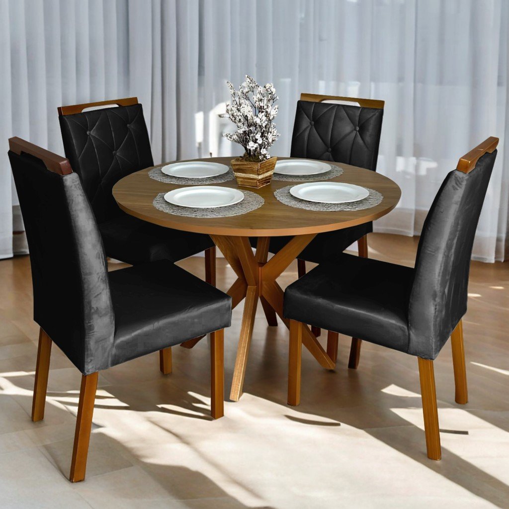 Mesa Redonda Simpatia 108 Cinamono com 4 Cadeiras Yasmim Veludo Preto – JCM MOVELARIA + KM DECOR