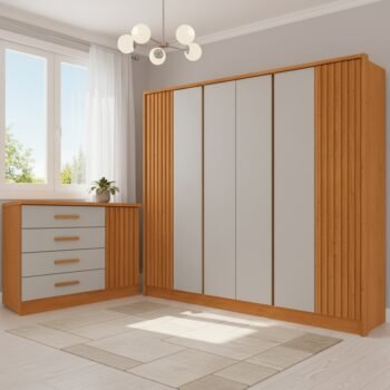 Guarda-Roupa 6 Portas + Cômoda Barcelona/Montserrat Ripado Cinamono/Off White - TCIL