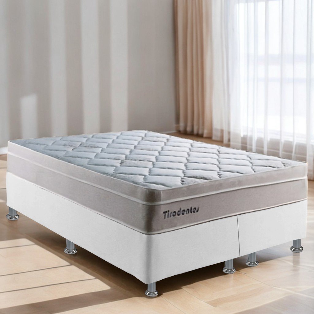 Colchão Queen Tiradentes D28 + Base Box Simples Corino Branco – COLCHOMINAS + ALTO NÍVEL CAMAS E COLCHÕES