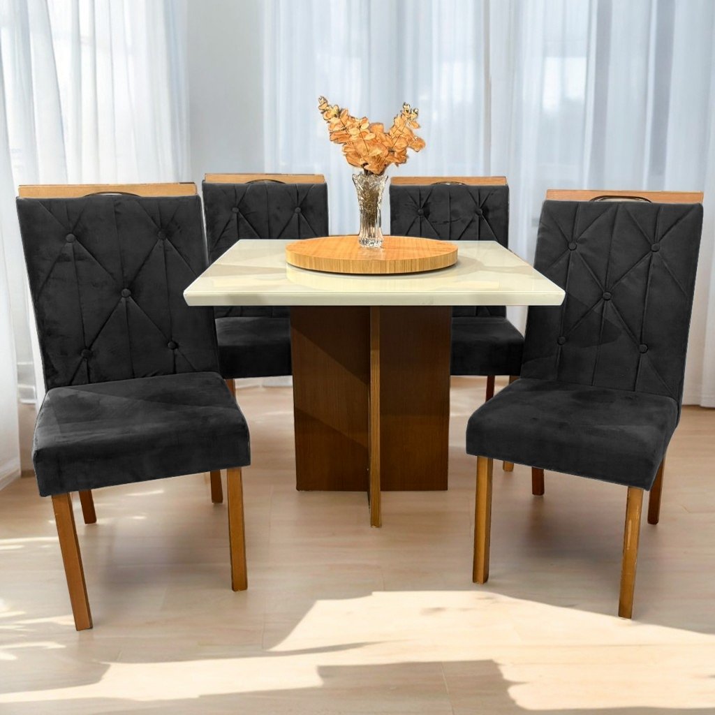 Mesa Salinas/Helô/Los Angeles 90 Cinamomo/Off White com 4 Cadeiras Yasmim Veludo Preto – CEL MÓVEIS + KM DECOR
