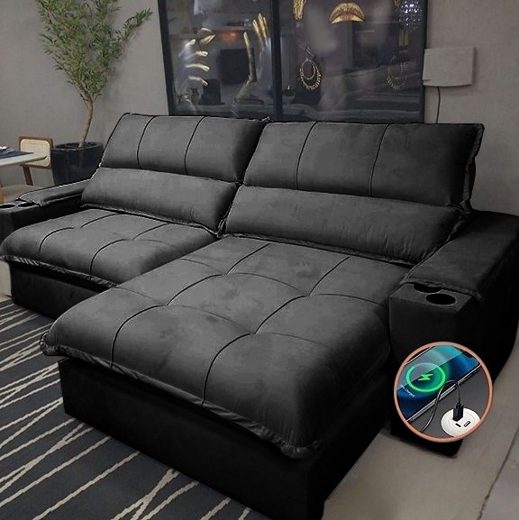 Sofá Retrátil e Reclinável Zeus/Afrodite 2,50 m Preto - ZARAT ESTOFADOS - Imagem 2