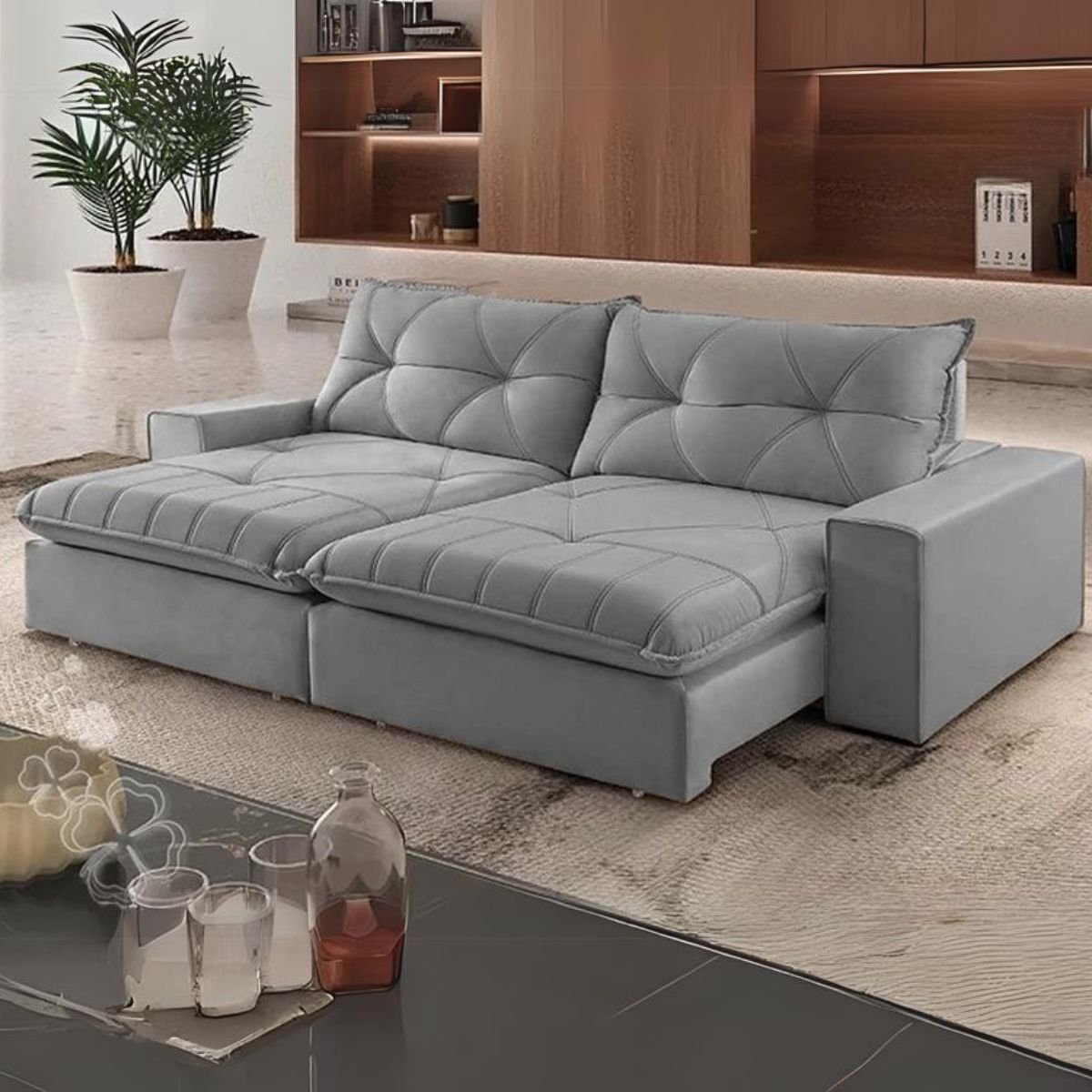 Sofá Retrátil e Reclinável Marfim/Paris 2,50 m Veludo Prata - TREVO ESTOFADOS