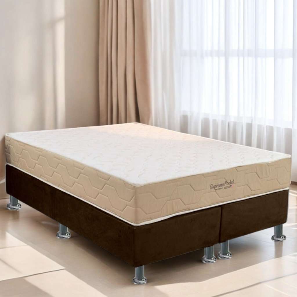 Colchão Queen Supreme Pocket D26 + Base Box Simples Corino Marrom – INOVAFLEX + ALTO NÍVEL CAMAS E COLCHÕES
