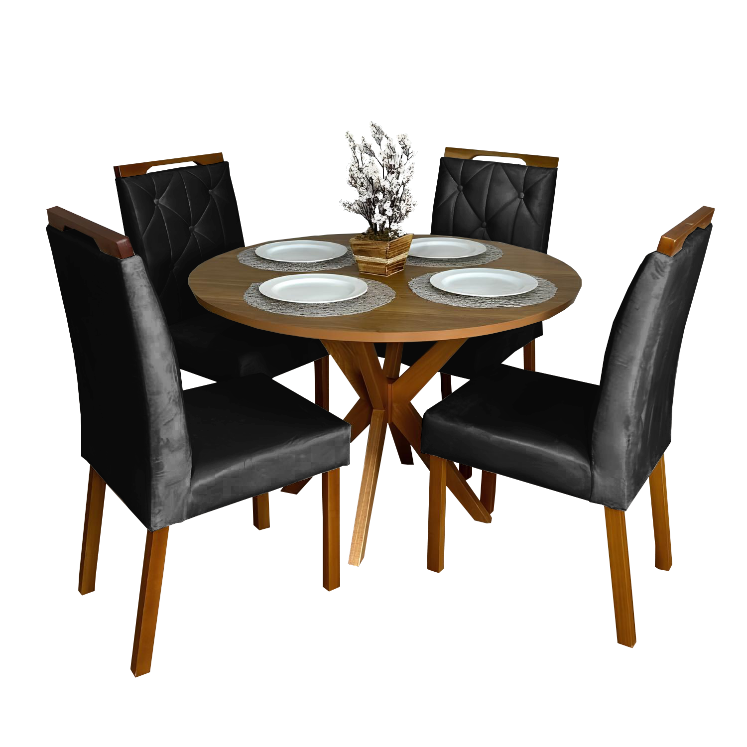 Mesa Redonda Simpatia 108 Cinamono com 4 Cadeiras Yasmim Veludo Preto – JCM MOVELARIA + KM DECOR - Imagem 2
