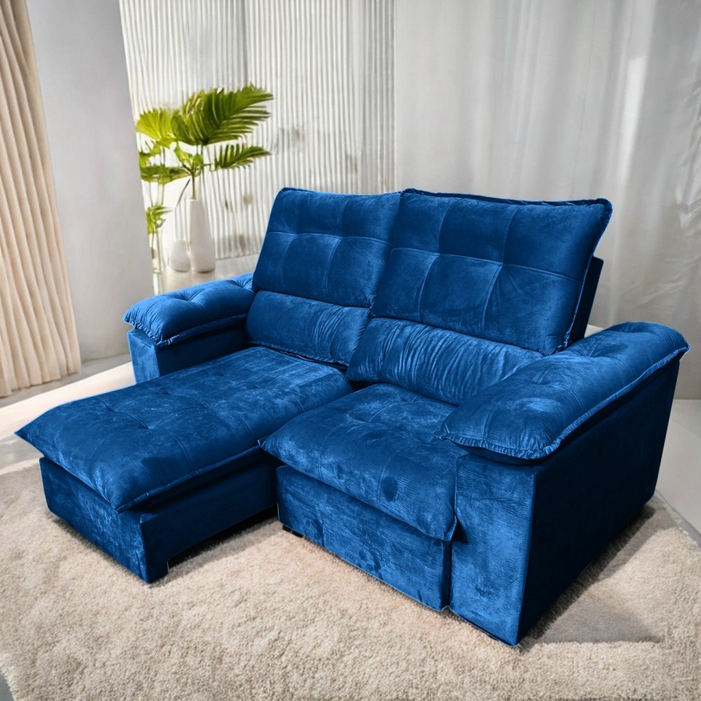 Sofá Retrátil e Reclinável Suíça 2,10 m Veludo Azul - LEO DECOR