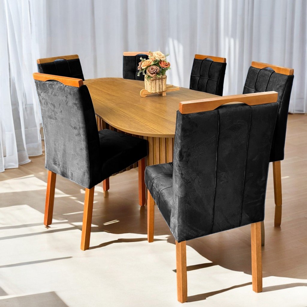 Mesa Isis 180 Freijó com 6 Cadeiras Sophia Veludo Preto - LEIFER + WM DECOR