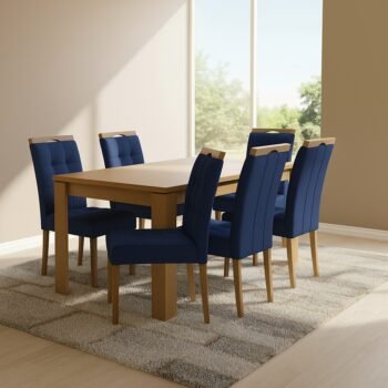 Mesa Athenas 180 Amêndoa Clean com 6 Cadeiras Sophia Veludo Azul – LOPAS + WM DECOR