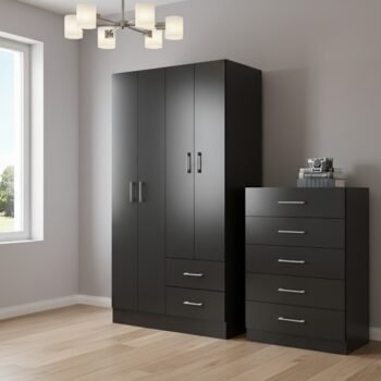 Guarda-Roupa 4 Portas Panamá 4002 + Cômoda 5 Gavetas Aruba Preto - FELLICCI
