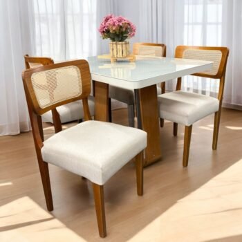 Mesa Sintonia (Tampo Maxi) 120 Amêndoa Clean/Off White com 4 Cadeiras Alasca Linho Bege – LOPAS + HR MOVELARIA