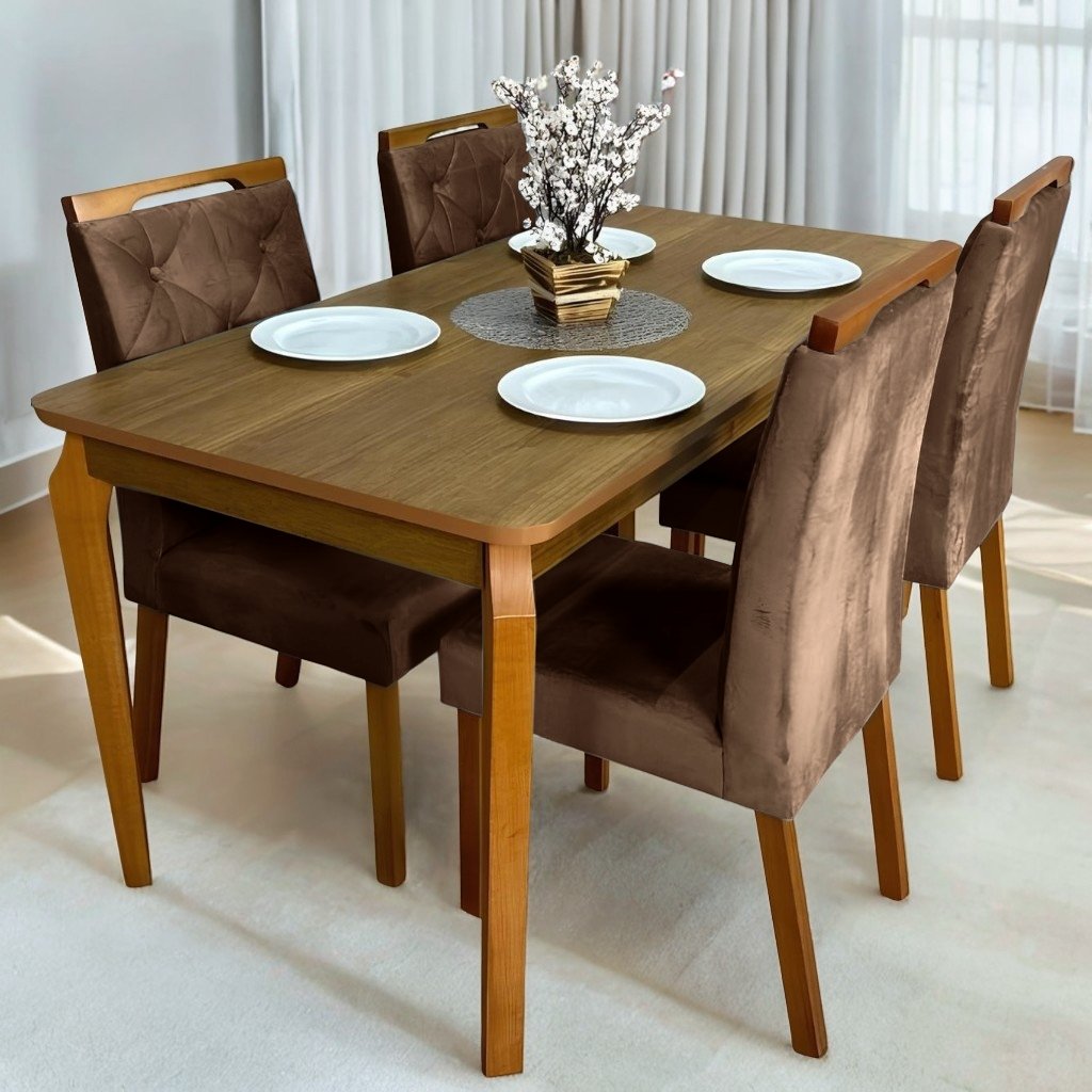 Mesa Alegra 120 Cinamomo com 4 Cadeiras Yasmim Veludo Marrom – JCM MOVELARIA + KM DECOR