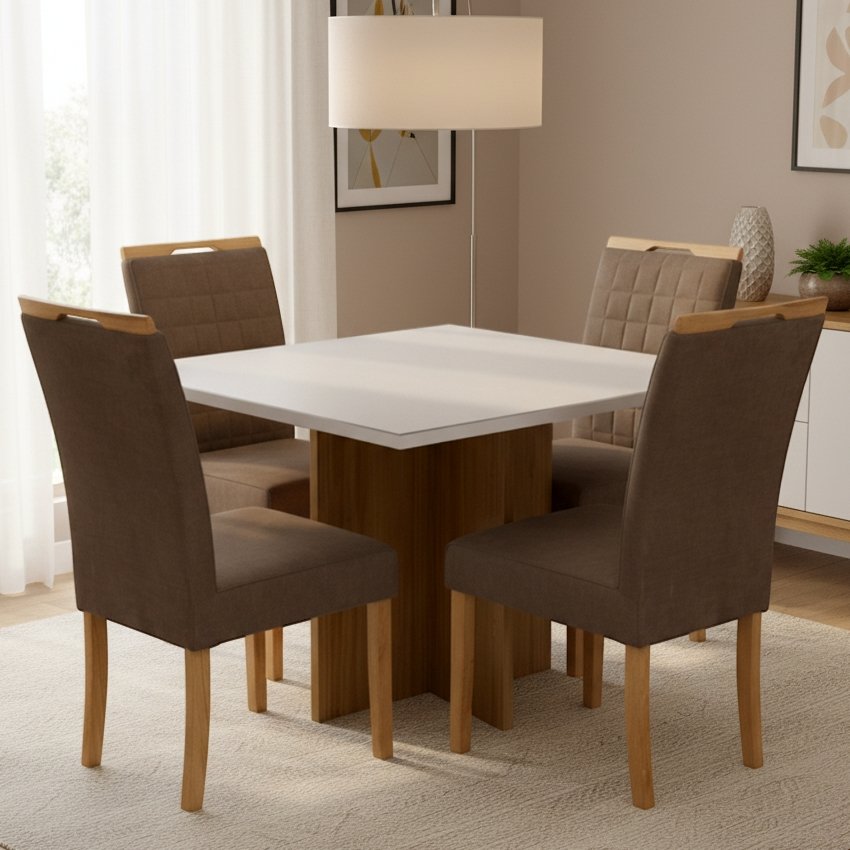 Mesa Salinas/Helô/Los Angeles 90 Cinamomo/Off White com Cadeiras Pandora 01 Veludo Marrom 134 – CEL MÓVEIS + CARVALHO