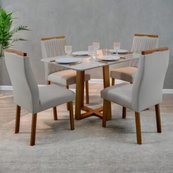 Mesa Pedro 120 Mel/Off White com 4 Cadeiras Gênova Veludo Marfim – ART ASSENTOS