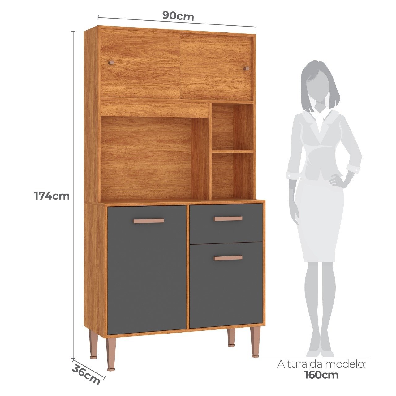 Kit Cozinha Dália C211 0,90 m Cinamomo/Grafite - FELLICCI - Imagem 3