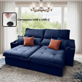 Sofá Retrátil e Reclinável Afrodite Slim 2,90 m Veludo Azul 104 – ZARAT ESTOFADOS