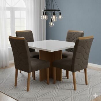 Mesa Salinas/Helô/Los Angeles 90 Cinamomo/Off White com 4 Cadeiras Safira Veludo Marrom – CEL MÓVEIS + WM DECOR