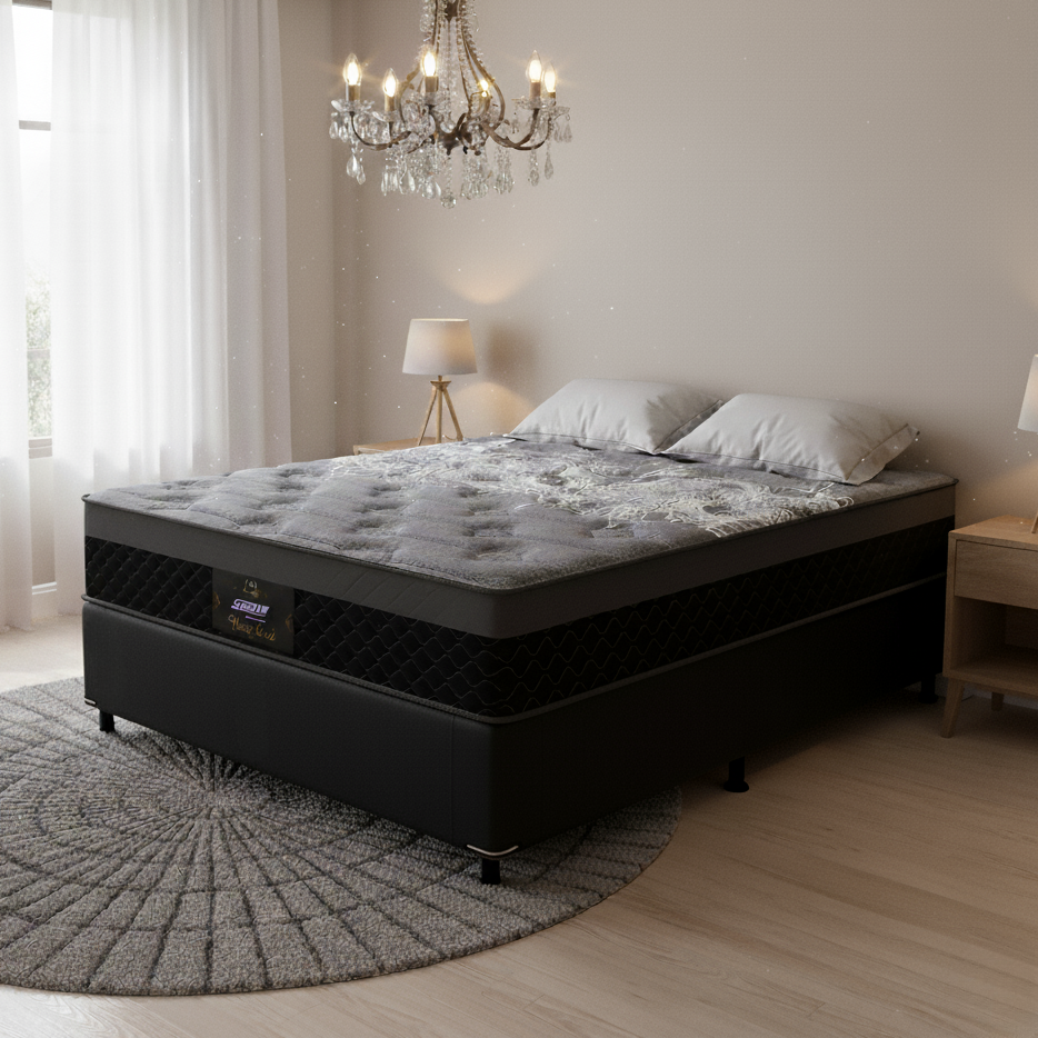 Colchão Casal New York D28 + Base Box Simples Corino Preto – GAZIN + ALTO NÍVEL CAMAS E COLCHÕES