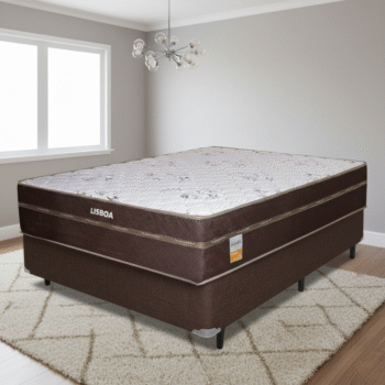 Colchão Casal Lisboa 24 cm D28 + Base Box Simples Corino Marrom – ECOTEC + ALTO NÍVEL CAMAS E COLCHÕES