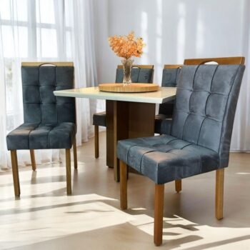 Mesa Salinas/Helô/Los Angeles 90 Cinamomo/Off White com 4 Cadeiras Sophia Veludo Cinza Grafite – CEL MÓVEIS + WM DECOR