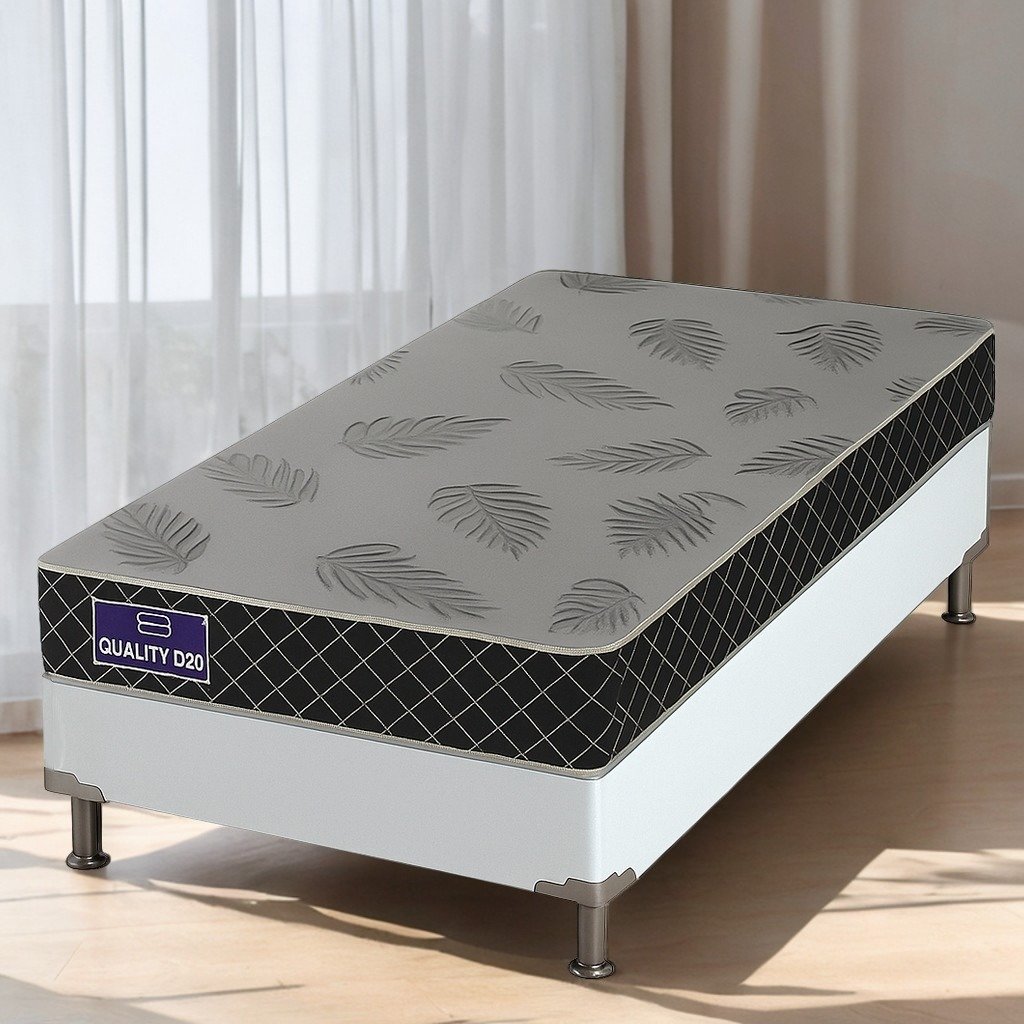 Colchão Solteiro Quality D20 12 cm 0,88 m + Base Box Simples Corino Branco – ORTHOPRIME + ALTO NÍVEL CAMAS E COLCHÕES