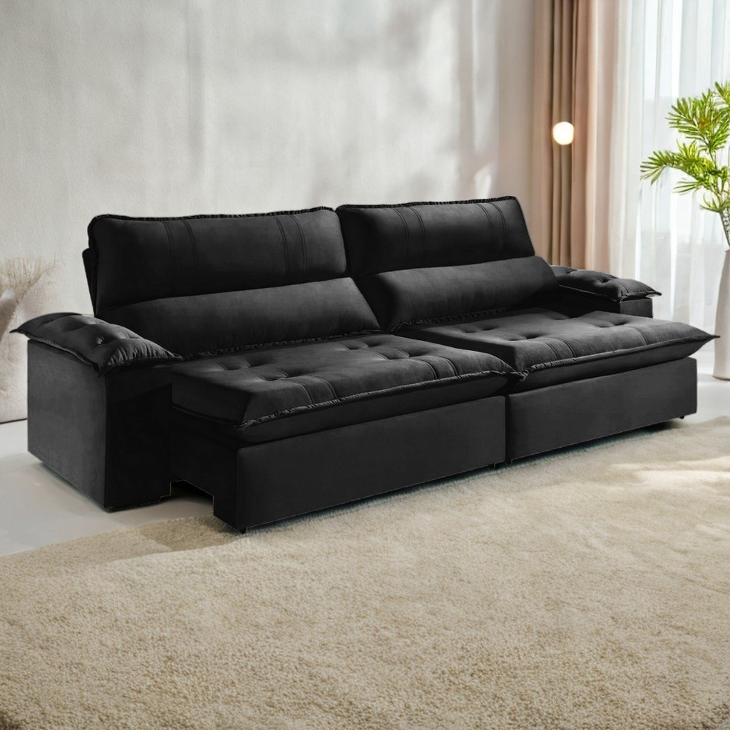 Sofá Retrátil e Reclinável Kiara 2,50 m Veludo Preto 111 - ZARAT ESTOFADOS