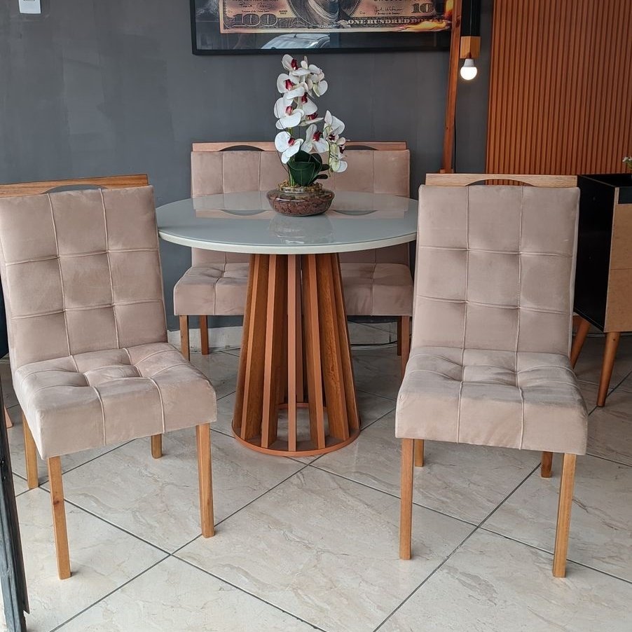 Mesa Redonda Berlim 100 Cinamono/Off White com 4 Cadeiras Sophia Veludo Bege – CEL MÓVEIS + WM DECOR - Imagem 3