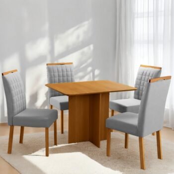 Mesa Pérola 120 Imbuia Mel (Tampo Viena s/vidro) + 4 Cadeiras Pandora 01 Veludo Cinza Prata 127 – CARVALHO DECOR