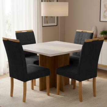 Mesa Salinas/Helô/Los Angeles 120 Cinamomo/Off White com Cadeiras Pandora 01 Veludo Preto 38 – CEL MÓVEIS + CARVALHO DEC