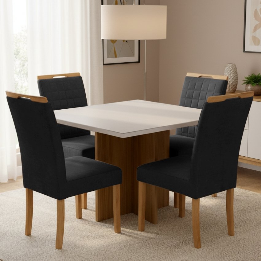 Mesa Salinas/Helô/Los Angeles 120 Cinamomo/Off White com Cadeiras Pandora 01 Veludo Preto 38 – CEL MÓVEIS + CARVALHO DEC