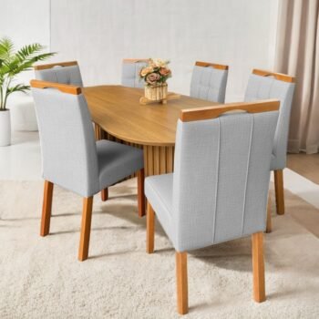 Mesa Isis 180 Freijó com 6 Cadeiras Sophia Linho Cinza Prata 206 - LEIFER + WM DECOR