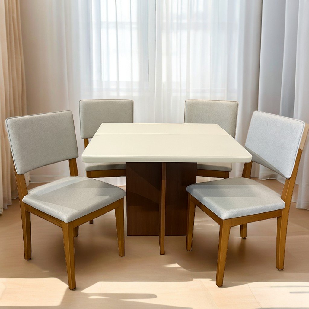 Mesa Salinas/Helô/Los Angeles 120 Cinamomo/Off White com 4 Cadeiras Pérola Linho Cinza Prata – CEL MÓVEIS + DOBUÊ MOVELARIA