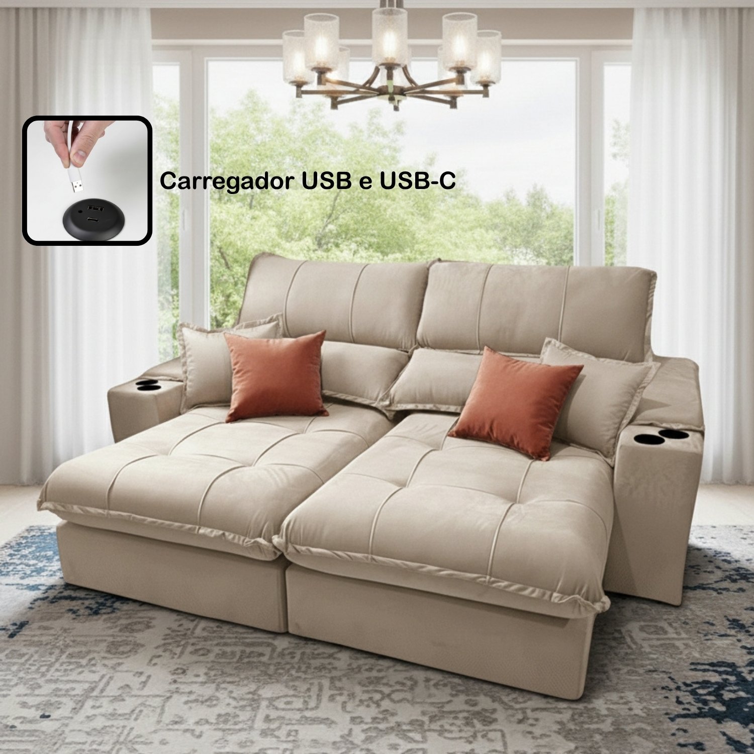Sofá Retrátil e Reclinável Afrodite Slim 2,90 m Veludo Bege 106 – ZARAT ESTOFADOS
