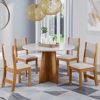 Mesa Redonda Flipp/Slin Mel/Blonde com 4 Cadeiras Sol Linho Bronze – VIERO MÓVEIS